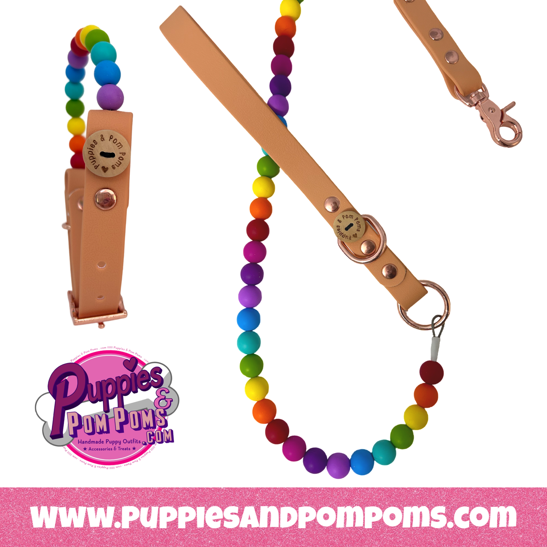 Rainbow Bead Handmade Dog Leash - Vegan Leather / Waterproof Biothane-1
