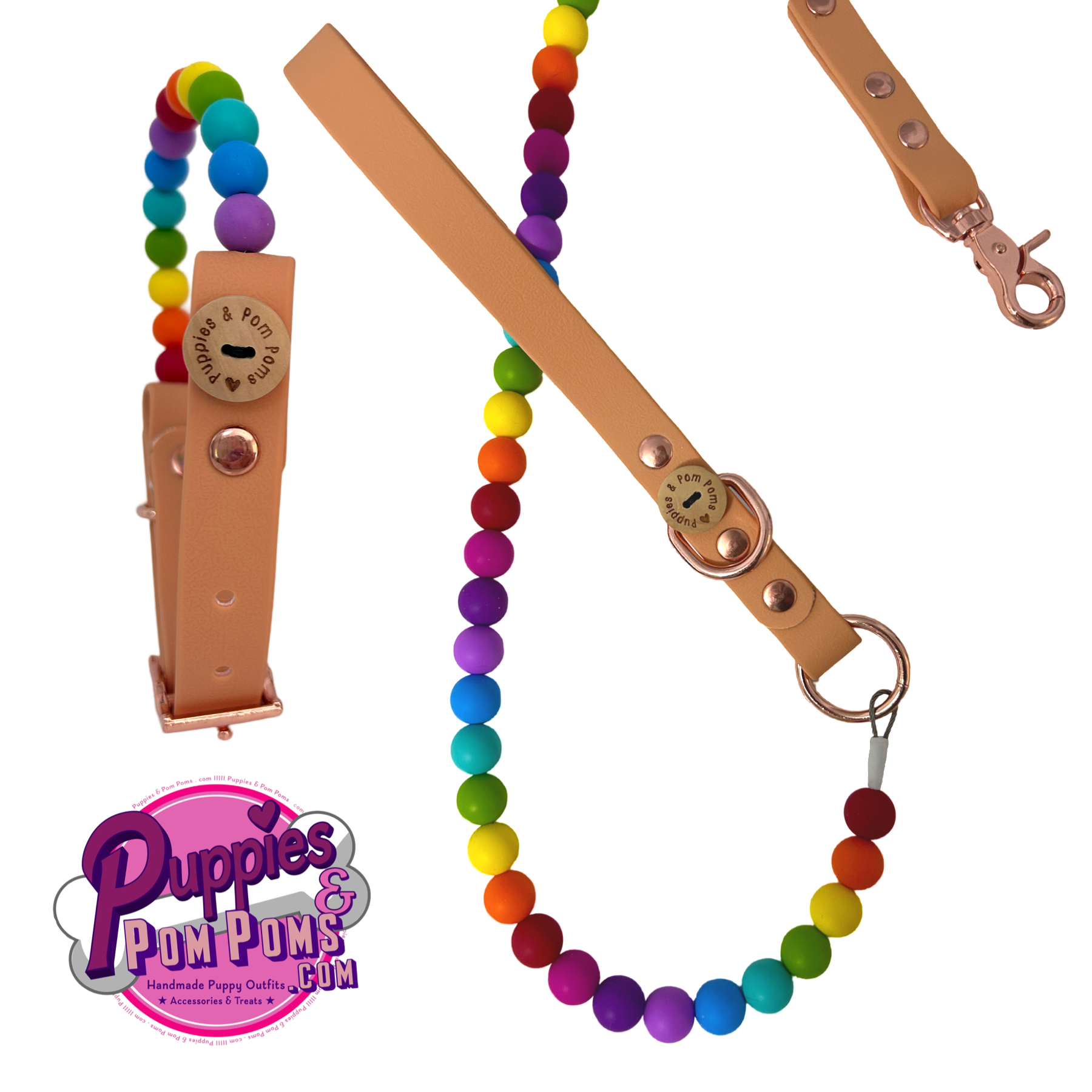 Rainbow Bead Handmade Dog Leash - Vegan Leather / Waterproof Biothane-3