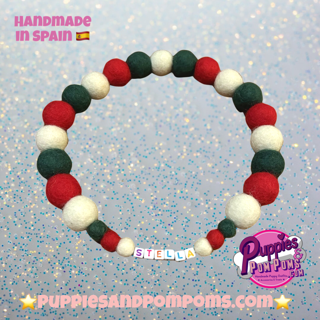 Christmas Pom Pom Dog Collar - Traditional Holly Green-4