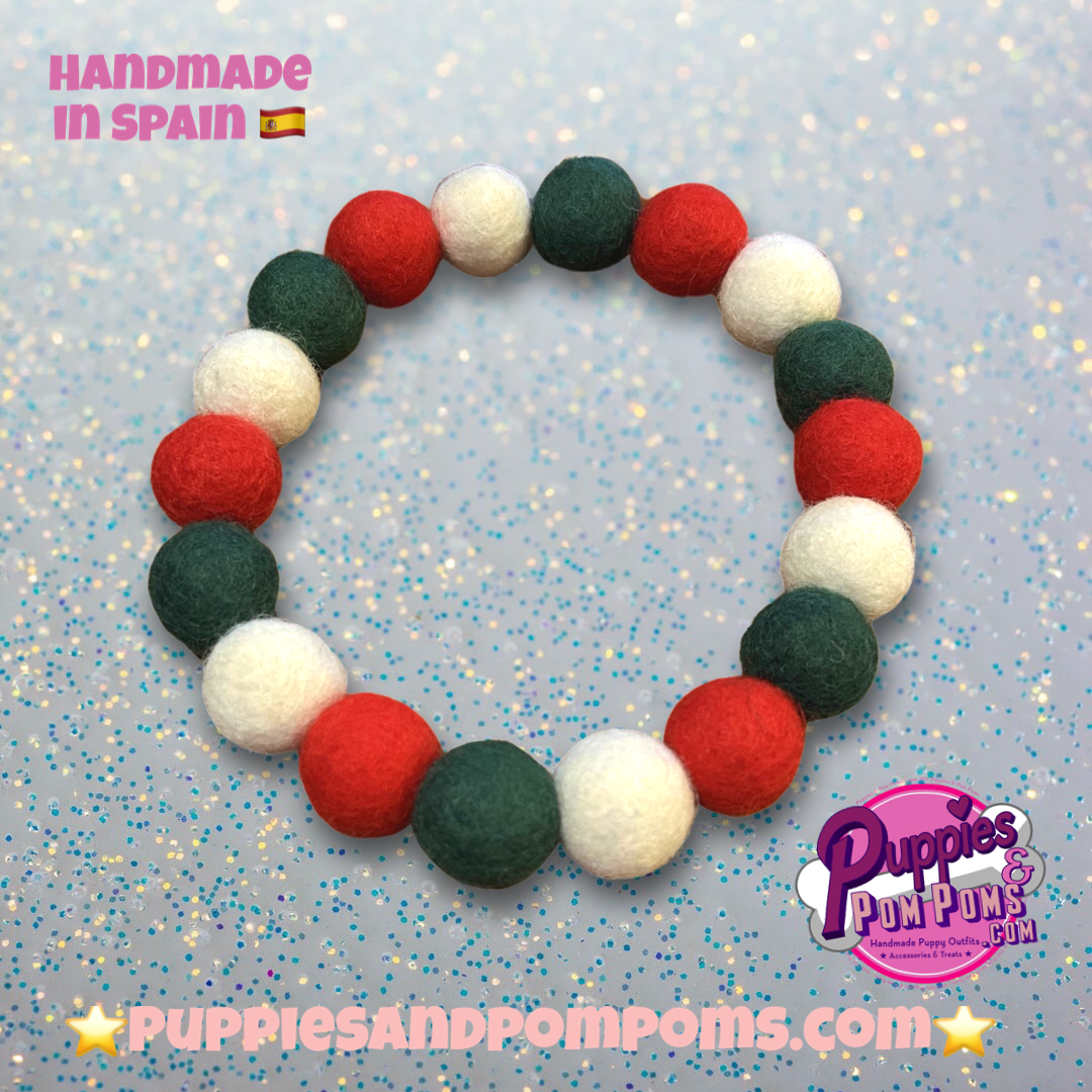 Christmas Pom Pom Dog Collar - Traditional Holly Green-5